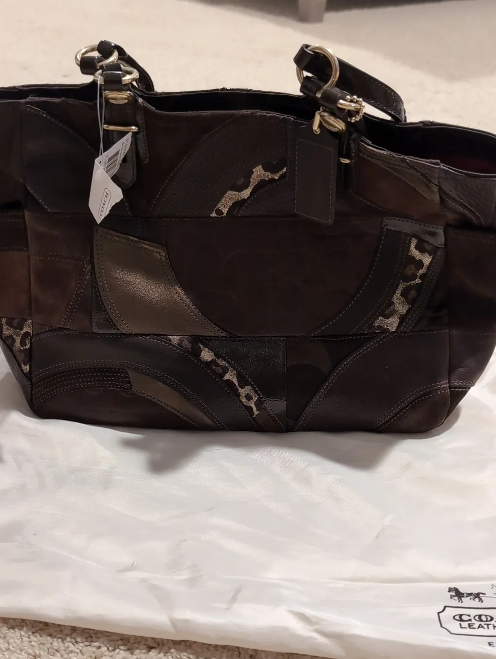 Coach Brown Patchwork East/West Tote with Leopard Trim and Gold Hardware